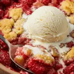 A close-up of a warm bowl of Strawberry Rhubarb Cobbler with a scoop of vanilla ice cream melting on top.