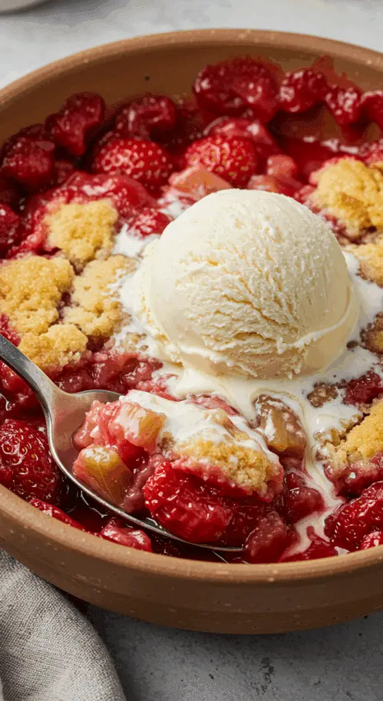 A close-up of a warm bowl of Strawberry Rhubarb Cobbler with a scoop of vanilla ice cream melting on top.