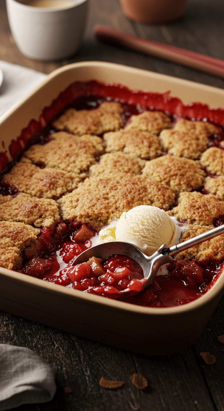 A warm, bubbly, golden-brown Strawberry Rhubarb Cobbler in a baking dish with a scoop of melting vanilla ice cream.