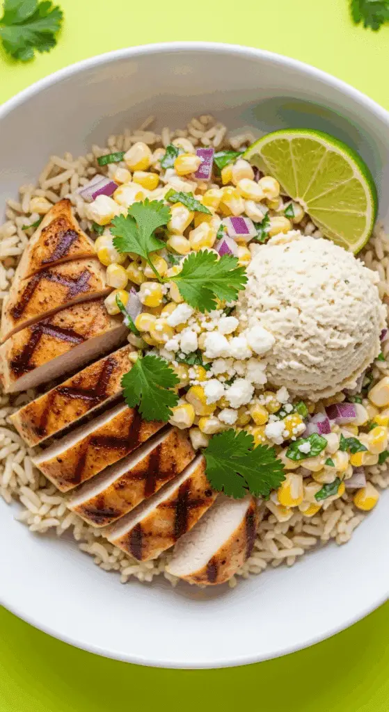 A healthy and colorful, finished Street Corn Chicken Bowl.