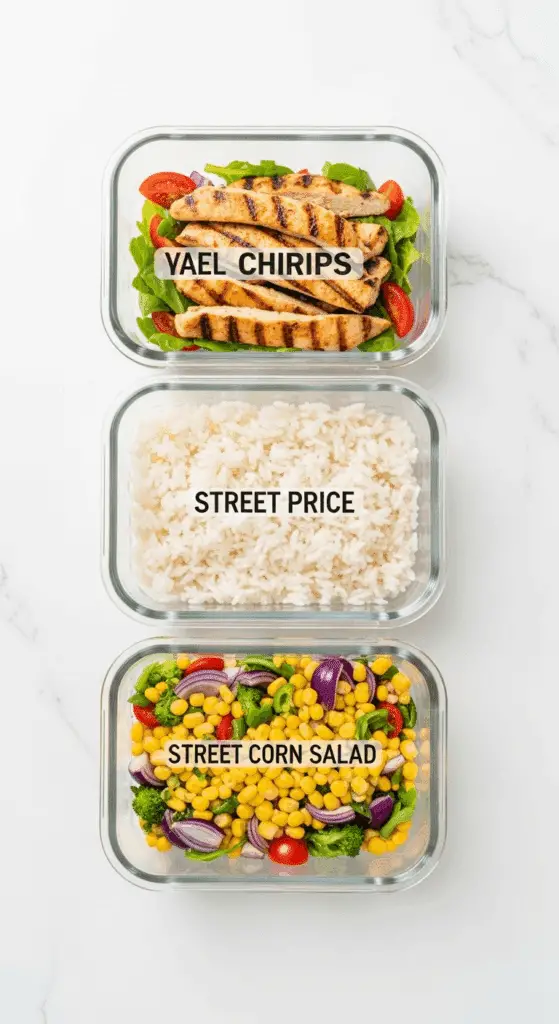 Meal prep containers with the separate components for the Street Corn Chicken Bowl.