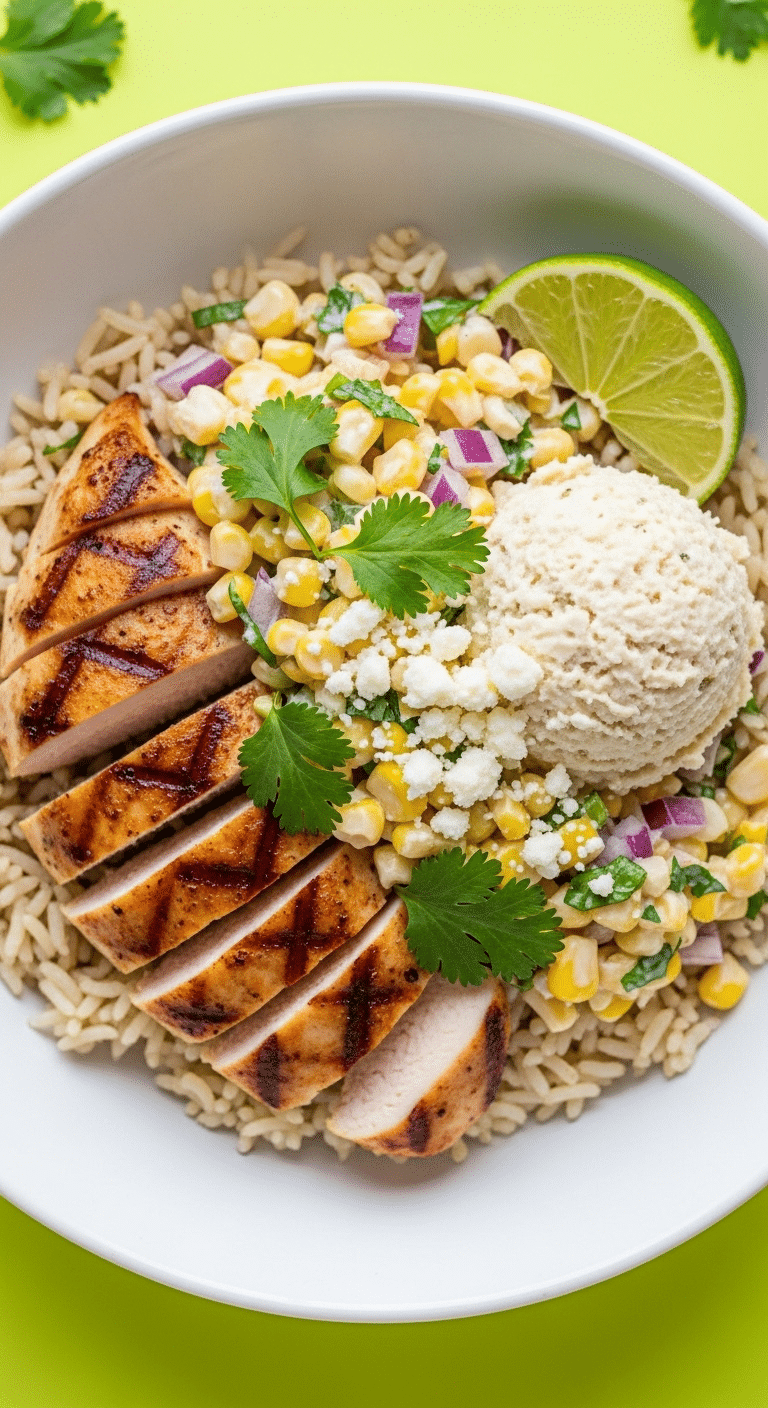 A healthy and colorful, finished Street Corn Chicken Bowl.