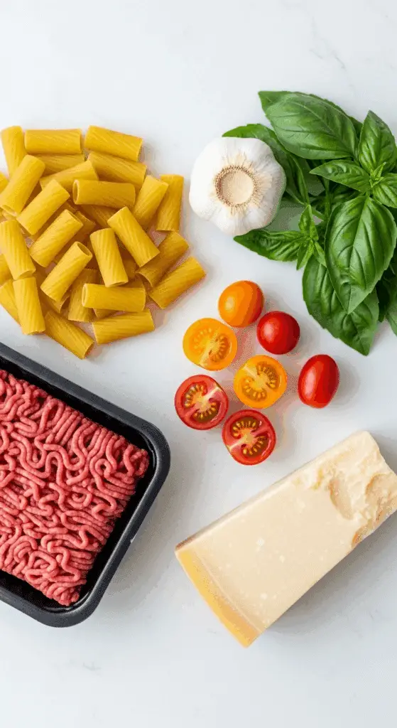 Fresh ingredients for the Rigatoni with Summer Bolognese.