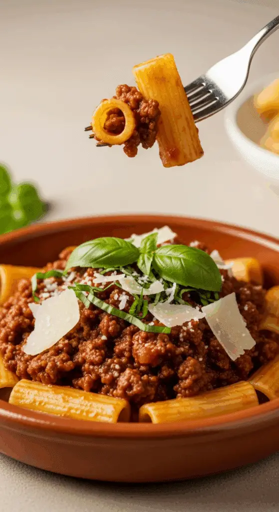 A delicious serving of the finished Rigatoni with Summer Bolognese in a bowl.