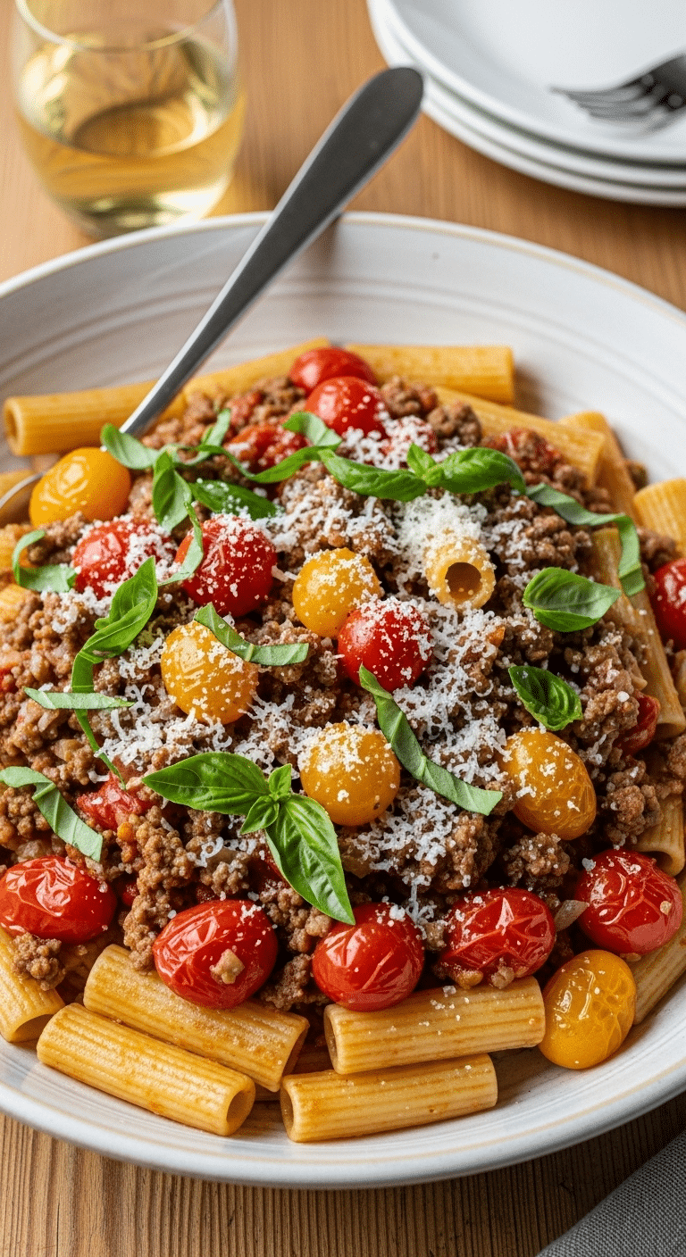 A large bowl of homemade Rigatoni with Summer Bolognese.