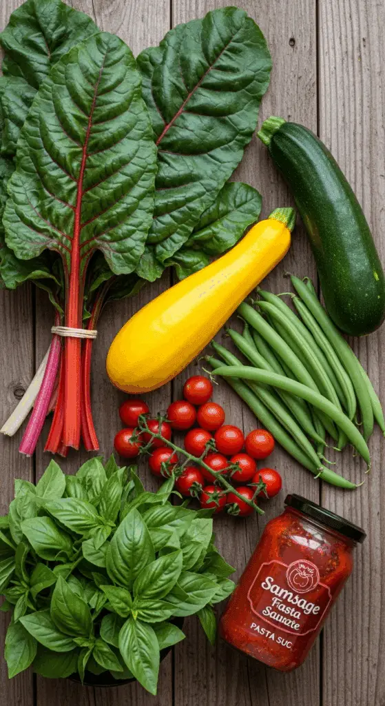 Fresh summer vegetables and ingredients for the Summer Minestrone.