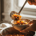 Serving a hearty scoop of the finished Summer Minestrone into a bowl.