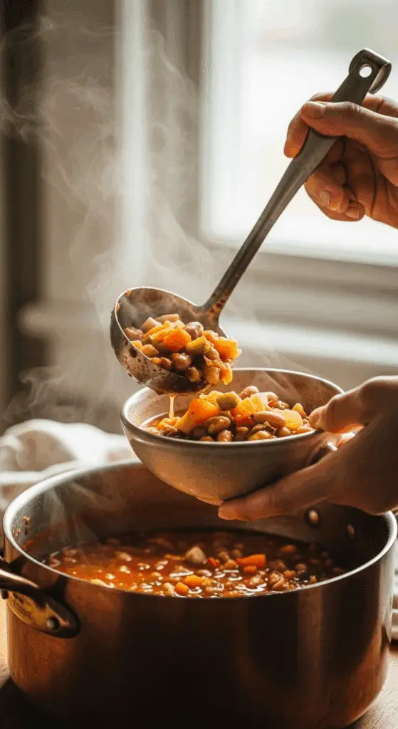 Serving a hearty scoop of the finished Summer Minestrone into a bowl.