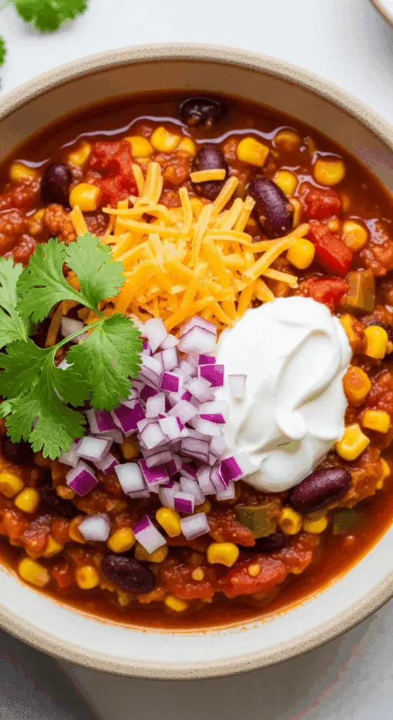A healthy and hearty bowl of homemade Summer Vegetable Chili with toppings.