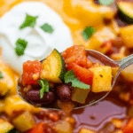 A spoonful of the finished Summer Vegetable Chili with cheese and sour cream.