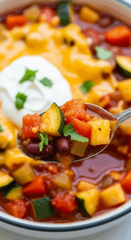 A spoonful of the finished Summer Vegetable Chili with cheese and sour cream.