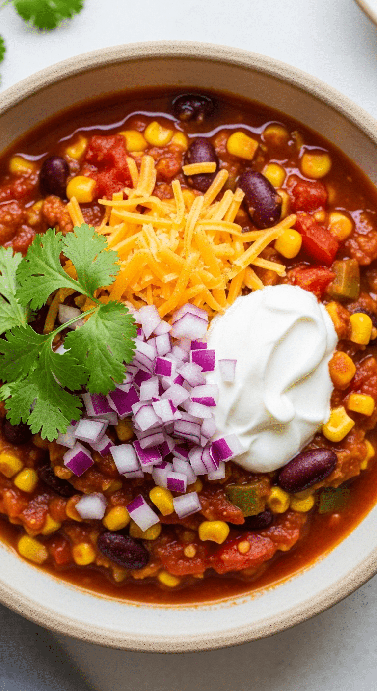 A healthy and hearty bowl of homemade Summer Vegetable Chili with toppings.