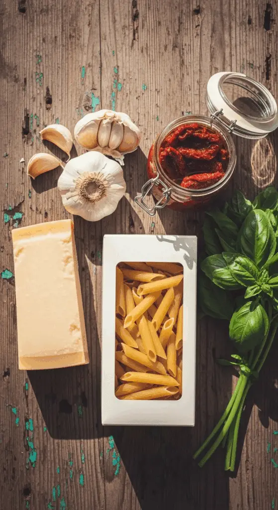 Ingredients for the easy Sun-Dried Tomato Pesto Pasta.