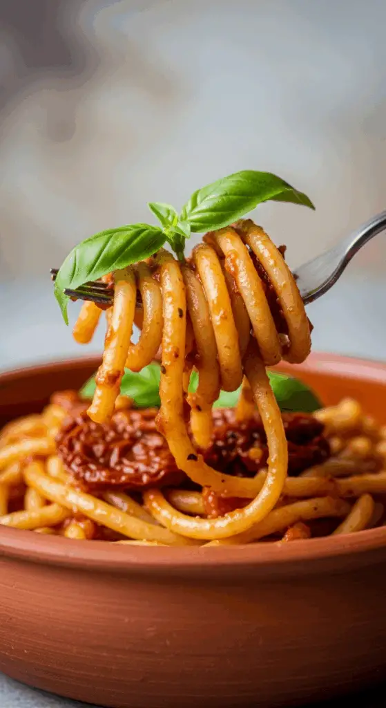 A fork twirling a bite of the finished Sun-Dried Tomato Pesto Pasta.