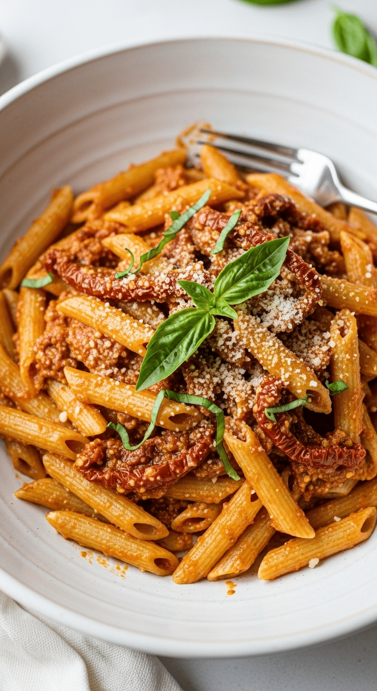 A large bowl of homemade Sun-Dried Tomato P pesto Pasta.