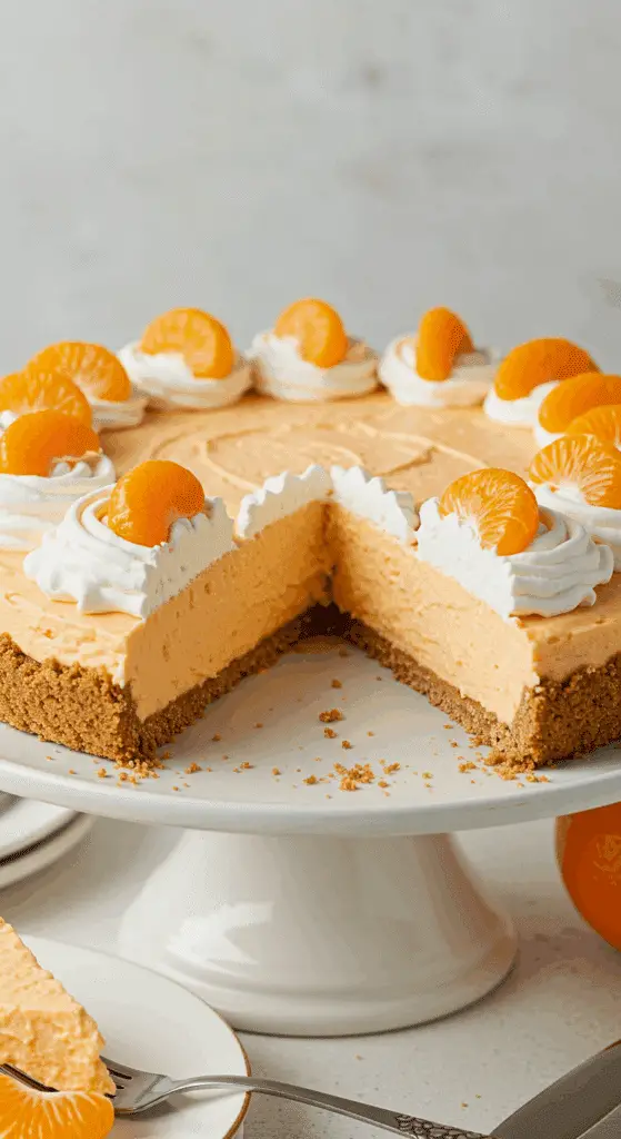 A beautiful, creamy No-Bake Tang Pie with a slice removed to show the orange filling.
