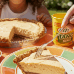 A person about to eat a slice of creamy, orange Tang Pie at a summer picnic.