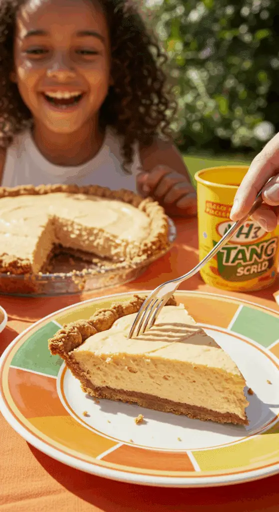 A person about to eat a slice of creamy, orange Tang Pie at a summer picnic.