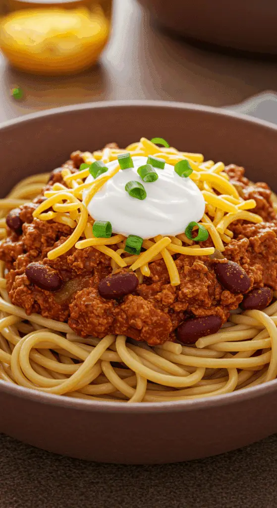 A warm, comforting bowl of Spaghetti with Quick Turkey Chili, topped with cheese and sour cream.