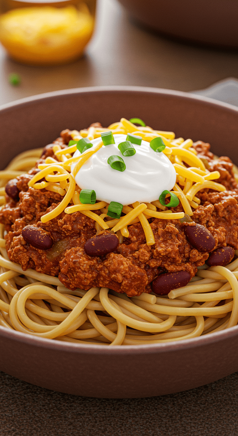 A warm, comforting bowl of Spaghetti with Quick Turkey Chili, topped with cheese and sour cream.