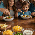 A family enjoying a fun toppings bar for their dinner of Spaghetti with Quick Turkey Chili.