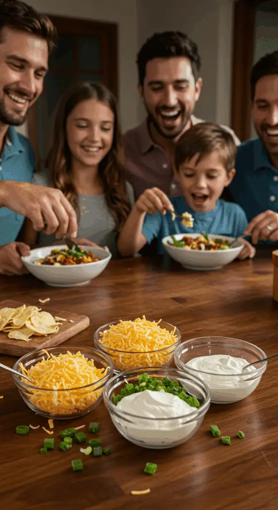 A family enjoying a fun toppings bar for their dinner of Spaghetti with Quick Turkey Chili.