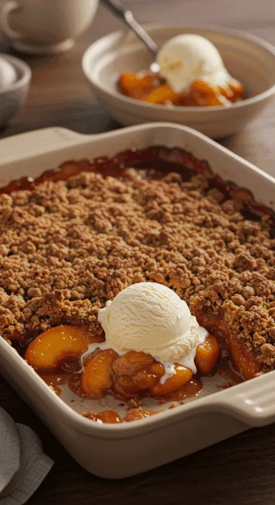 A warm, golden-brown homemade Juicy Peach Crisp in a baking dish with a scoop of melting vanilla ice cream.