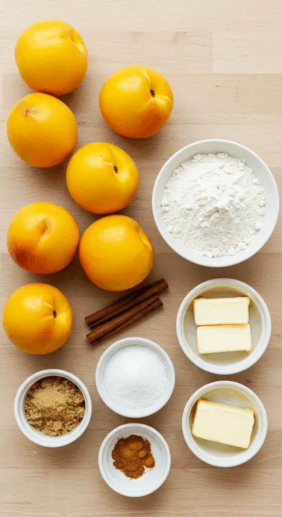 The fresh, simple ingredients for the homemade Juicy Peach Crisp recipe.