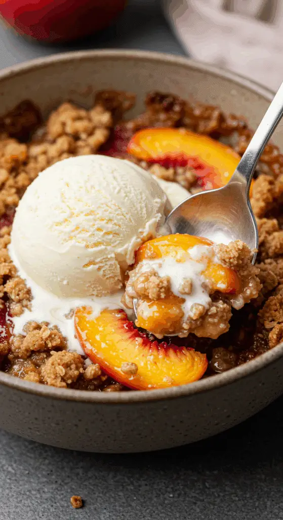 A close-up of a warm bowl of Juicy Peach Crisp with a scoop of vanilla ice cream melting on top.