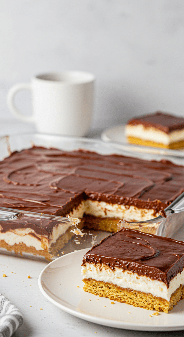 A beautiful, layered No-Bake Chocolate Éclair Dessert in a glass dish with one perfect square slice removed.