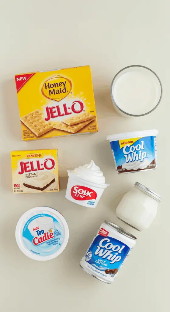 The 5 simple, store-bought ingredients for the easy No-Bake Chocolate Éclair Dessert.