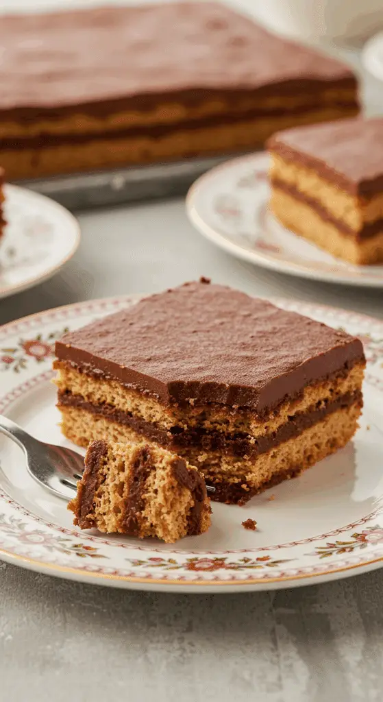 A perfect, layered slice of Chocolate Éclair Dessert on a plate at a family gathering.