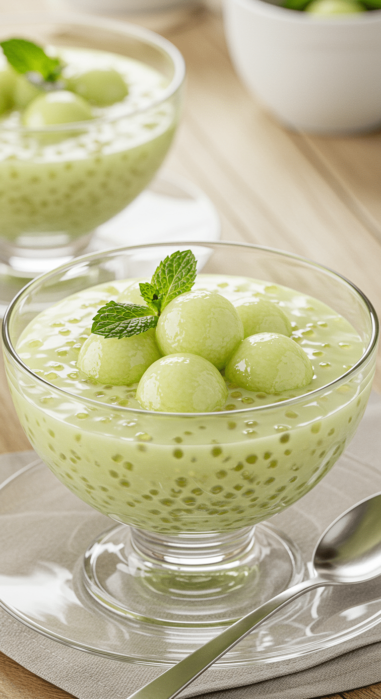 A beautiful glass bowl of creamy, refreshing Honeydew Sago, topped with fresh melon balls.