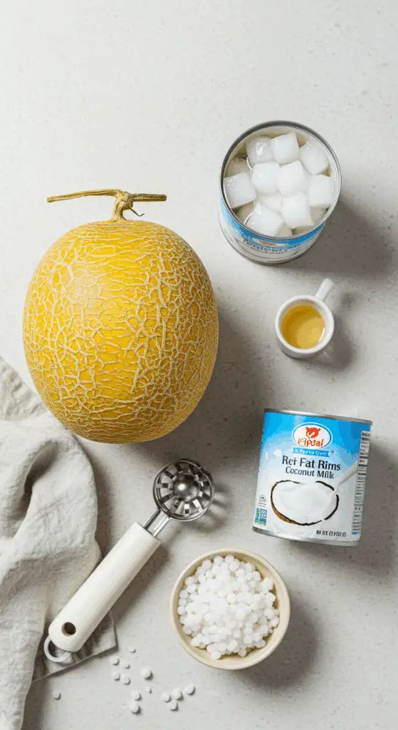 The simple, fresh ingredients for the Honeydew Sago recipe: a honeydew melon, sago pearls, and coconut milk.