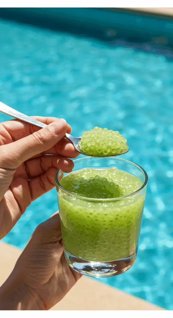A person enjoying a cool, refreshing glass of Honeydew Sago by a swimming pool on a hot day.