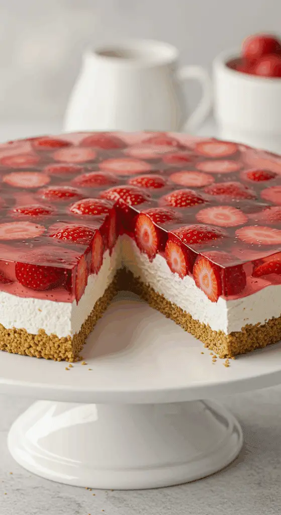 A stunning, layered No-Bake Strawberry Jelly Cheesecake with a slice removed to show the clear jelly top.