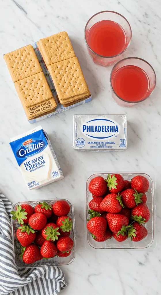 The fresh, simple ingredients for the No-Bake Strawberry Jelly Cheesecake.