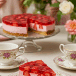 An elegant slice of Strawberry Jelly Cheesecake being served at a beautiful celebration.