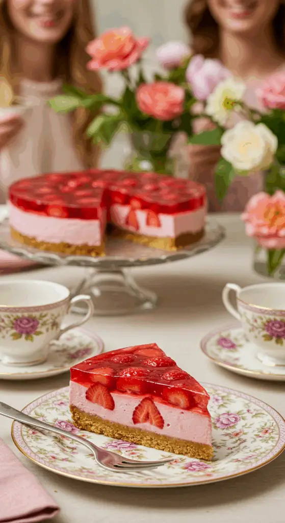 An elegant slice of Strawberry Jelly Cheesecake being served at a beautiful celebration.