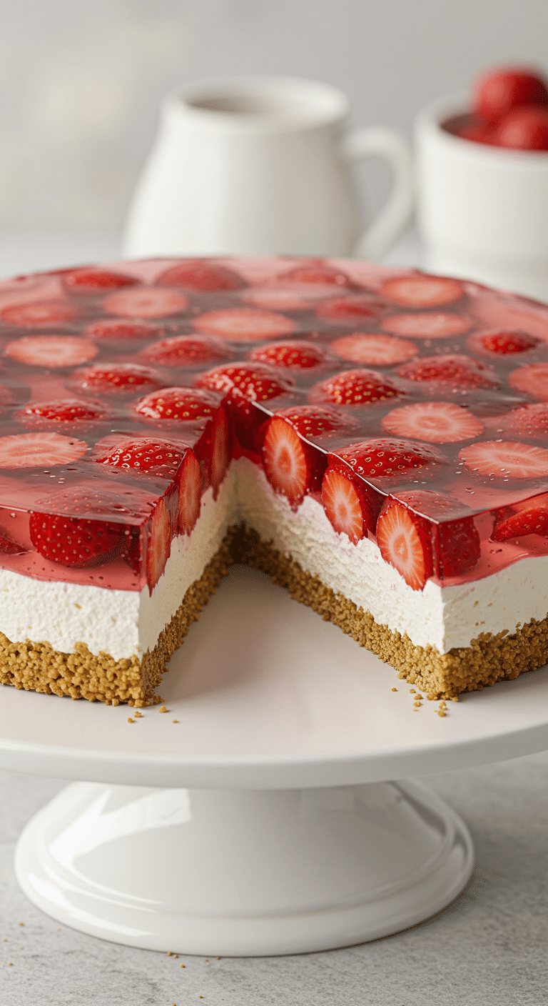 A stunning, layered No-Bake Strawberry Jelly Cheesecake with a slice removed to show the clear jelly top.