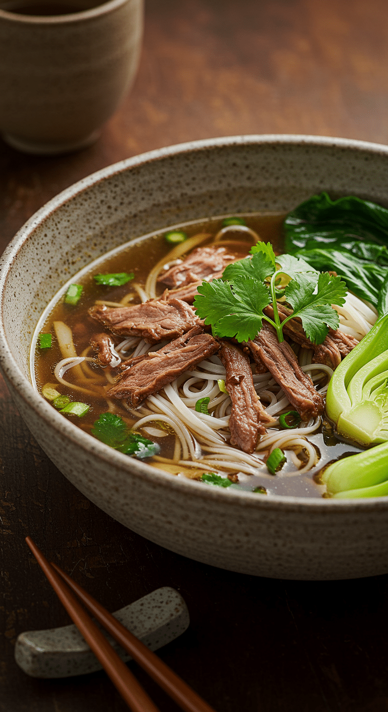A cozy, rustic bowl of Slow-Cooker Pork With Noodles, garnished with fresh cilantro.