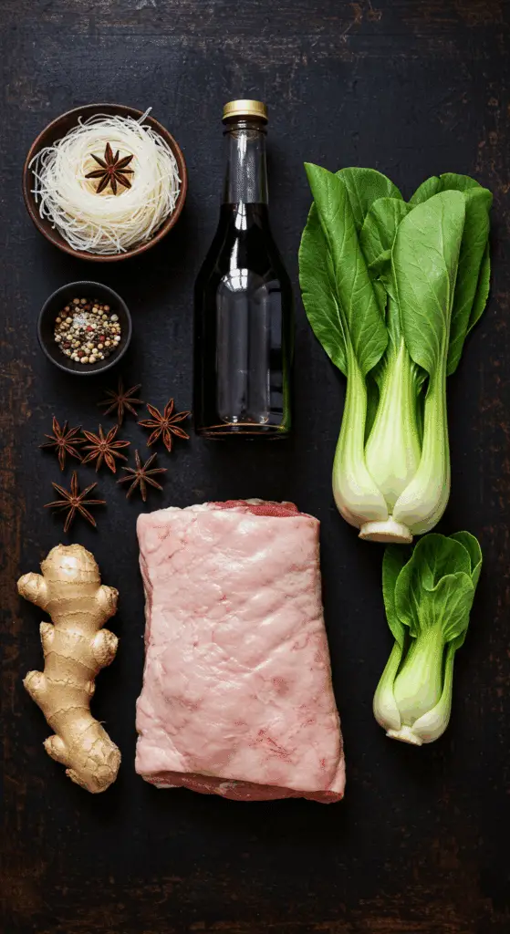 The fresh, authentic ingredients for the Slow-Cooker Pork With Noodles recipe.