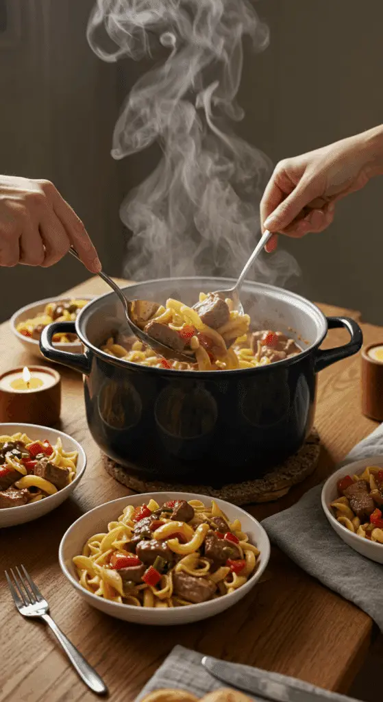 Serving the hot and comforting Slow-Cooker Pork With Noodles for a family dinner.