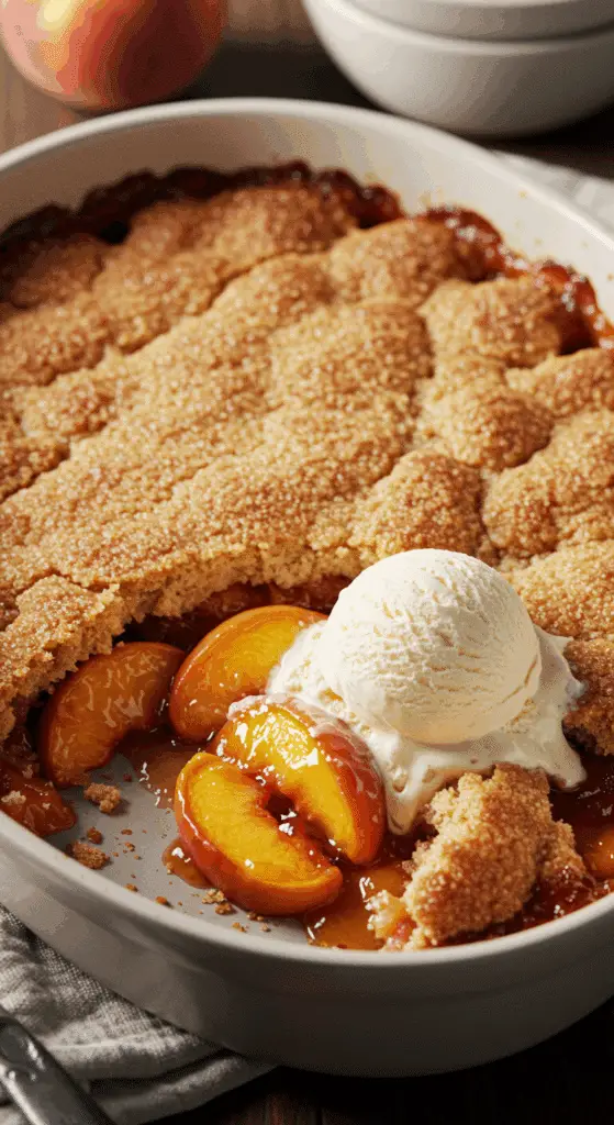 A warm, homemade Crisp Peach Cobbler with a unique, crackly golden-brown sugar crust.