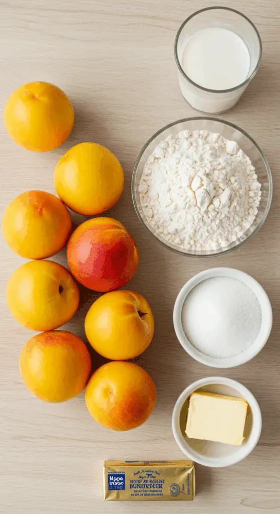 The fresh, simple ingredients for the Crisp Peach Cobbler recipe.