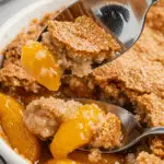 A spoon cracking the crisp, sugary top of a warm bowl of Crisp Peach Cobbler.
