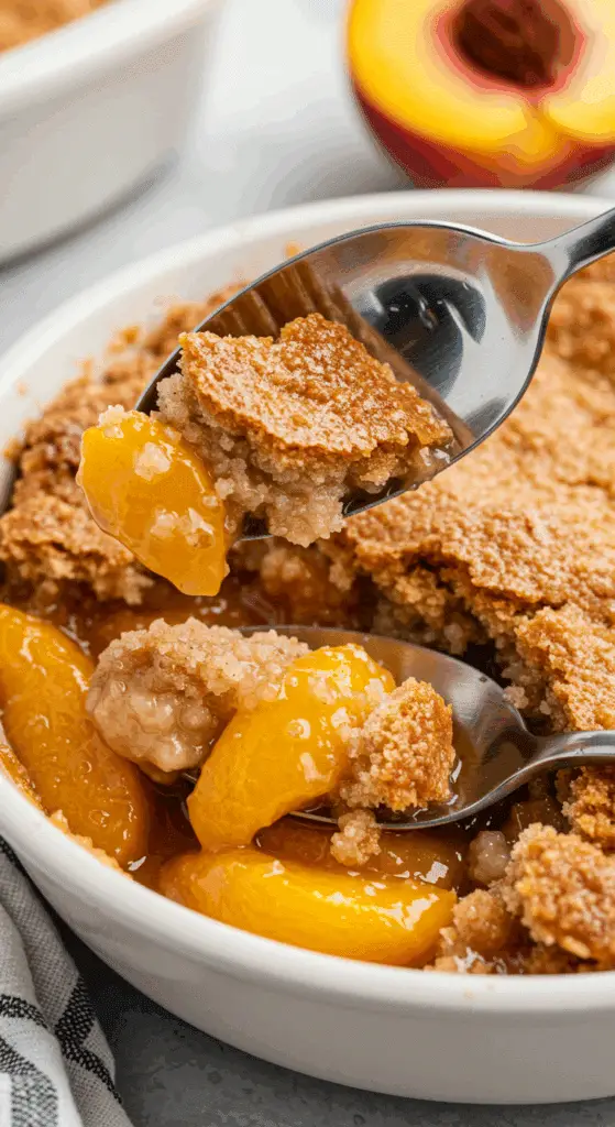 A spoon cracking the crisp, sugary top of a warm bowl of Crisp Peach Cobbler.