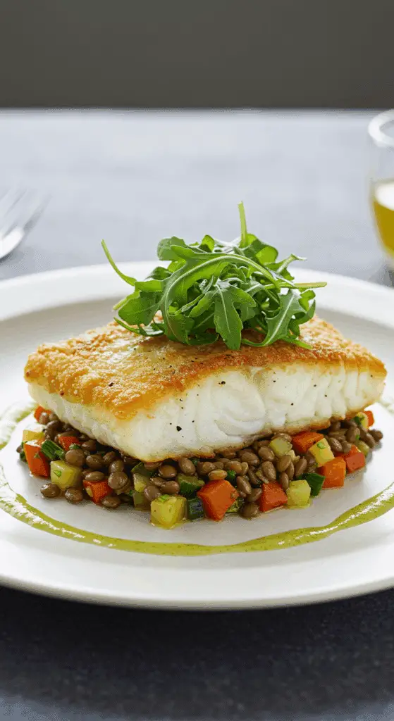 A plated meal of Crispy Cod with Lentils, showing the golden crust on the fish.