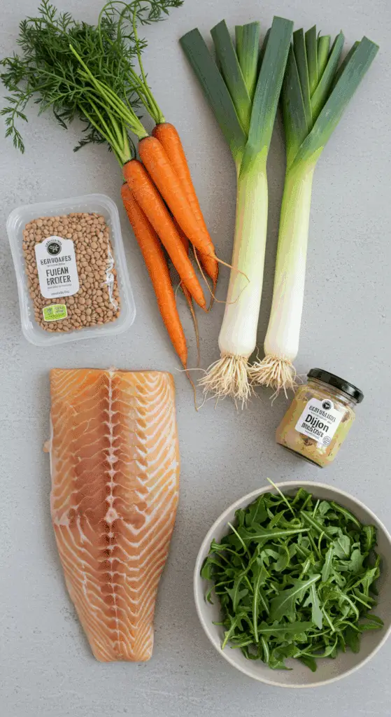 The fresh, healthy ingredients for the Crispy Cod with Lentils recipe laid out on a counter.