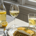 An elegant serving of Crispy Cod with Lentils, paired with a glass of white wine.